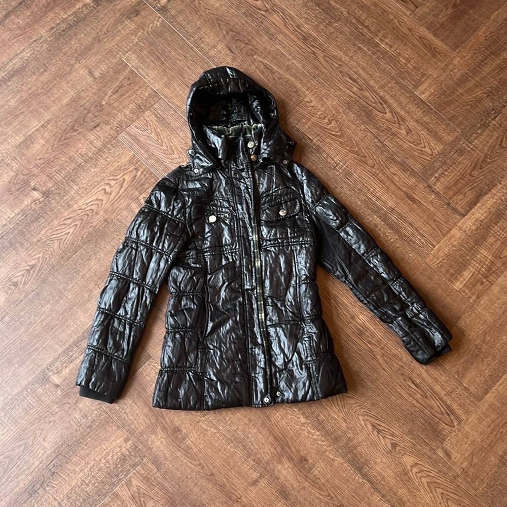 Spoom High Shine Puffer Jacket With Plaid Liner Black Sz S